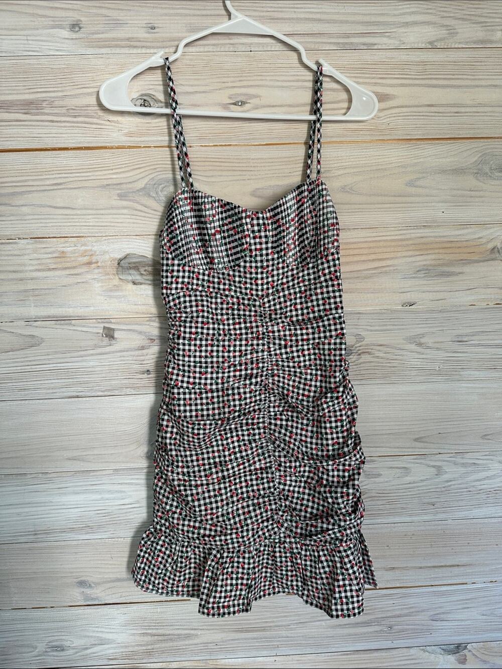 NWT Storia Black, White & Red Gingham Ruched Mini Dress